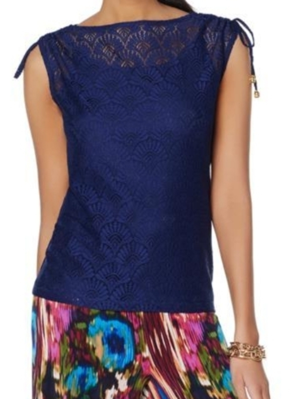 Women's Navy Lace Tank Top with Tie-Shoulder Detail